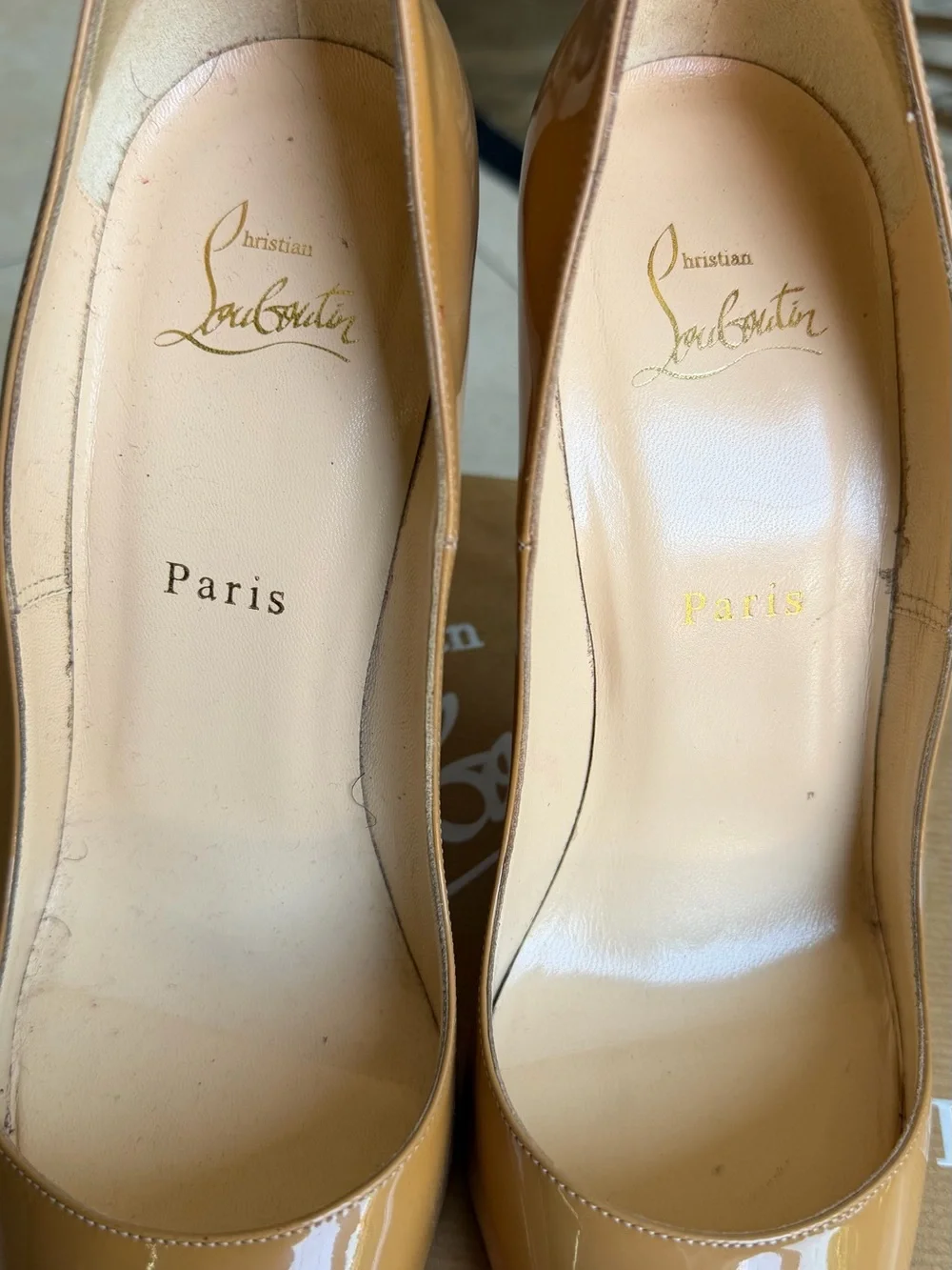 Christian Louboutin Beige Patent Leather Stiletto Pumps with Red Soles